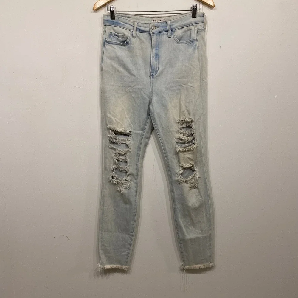 Cello Womens High Rise Distressed Skinny Jeans Light Wash Frayed Hem Size 11